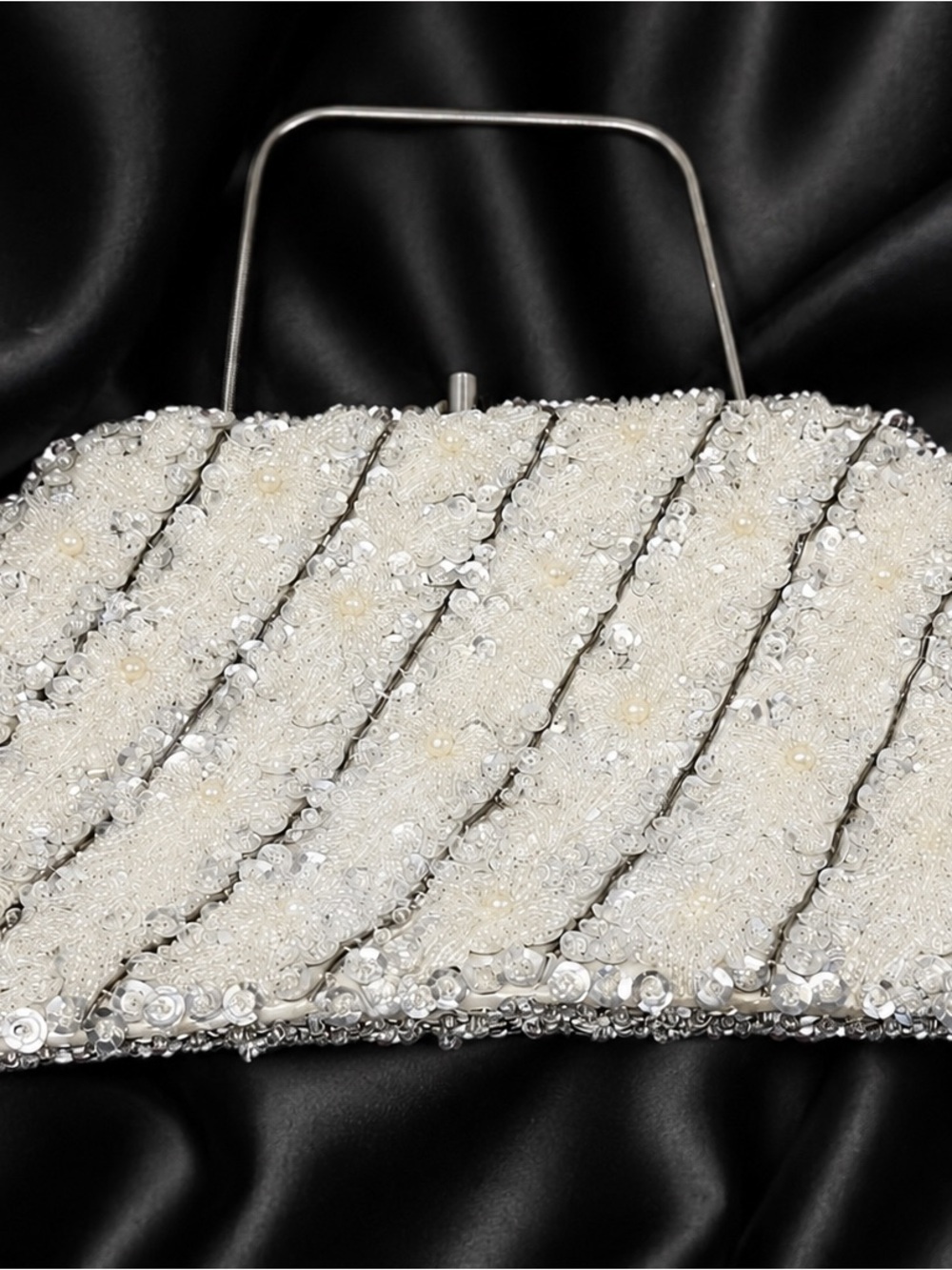 Vintage Handmade White Beaded & Silver Sequin Bridal Evening Clutch Wedding Bag